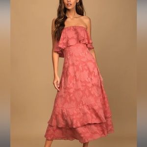 Love You So Truly Rusty Rose Burnout Floral Strapless Midi Dress from Lulus